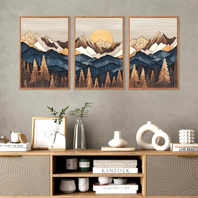 HOURIA 3Pcs Framed Boho Mountain Forest Sunrise Canvas Wall Art Set (16"x24"), Abstract Pine Tree Mountain Landscape Wall Decor, Mid Century Modern Nature Wilderness Scenery Art Print for Office Farmhouse Home