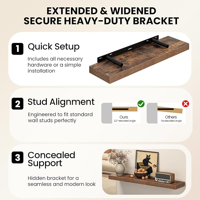 Fun Memories Floating Shelves for Wall, 32 Inch Set of 2 Rustic Wood Wall Shelves with Invisible Brackets, Heavy Duty Storage Display for Living Room Bedroom Kitchen, Brown