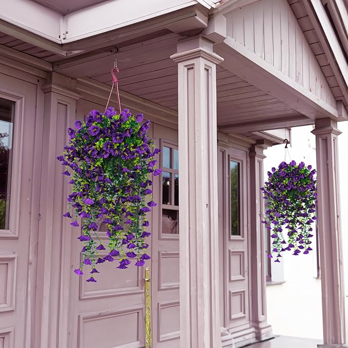SJL Faux Hanging Plants Outdoor Flowers UV Resistant Fake Plants for Outside Fake Silk Colorful Morning Glory Artificial Eucalyptus Leaves for Arch Backyard Kitchen Spring Outside Decorations(Purple)