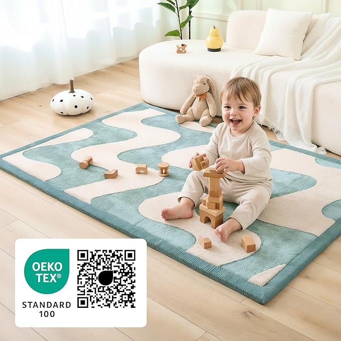 Hakuna Matte CloudRise Baby Play Mat for Floor 60" x 80" Waves – Coral Velvet Memory Foam Rug for Crawling & Cozy Play – Non-Slip, Water-Resistant, Easy-CareTummy Time Mat, Playmat for Playpen