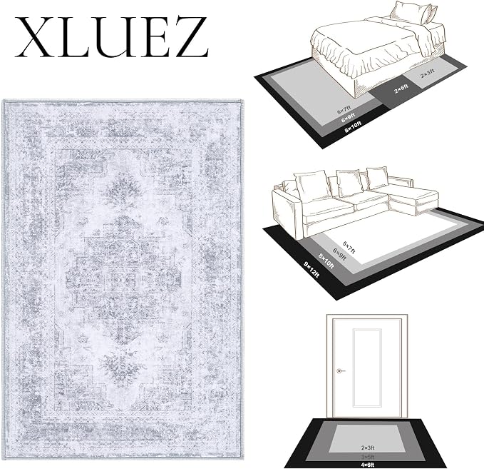 XLUEZ Area Rug 8x10 Living Room Rug, Machine Washable Vintage Distressed Medallion Rug Non-Slip Soft Low Pile Large Indoor Rugs for Bedroom Kitchen Dining Room Office(LightGrey,8'x10')