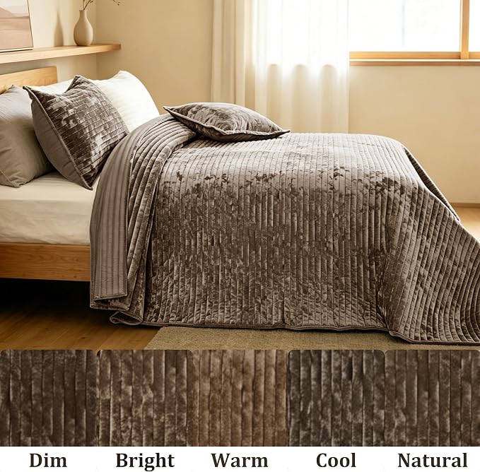 Luxury Velvet Oversized King 120x128 in Quilt Set 3 Piece Quilted Bedspread with 2Pillow Shams(20x36) Ultra Soft Coverlet All Season Bedding for Farmhouse Modern Bedroom Sofa,Brown