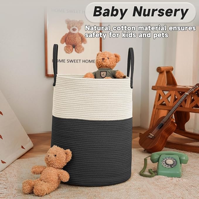 JMvicyroam Large Woven Laundry Basket Hamper,80L Cotton Rope Storage Bin for Blankets,Toys and Clothes,Decorative Tall Nursery Hamper for Living Room,Baby Nursery,Bathroom and Bedroom,White and Black