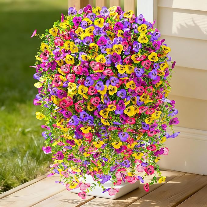 Serwalin Artificial Fake Hanging Flowers for Outdoors Planters,12PCS UV Resistant Faux Pansy Spring Flowers for Outside Porch Patio Garden Window Box (Mixed Colors)