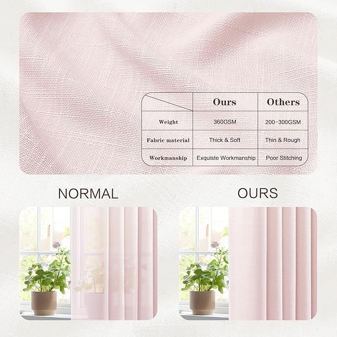Light Pink Pinch Pleated Linen Curtains 96 Inches Long for Girls Bedroom Living Room, Light Filtering Pleat Drapes Textured Thick Blush Semi-Sheer Window Curtain with Hooks for Nursery, 2 Panels