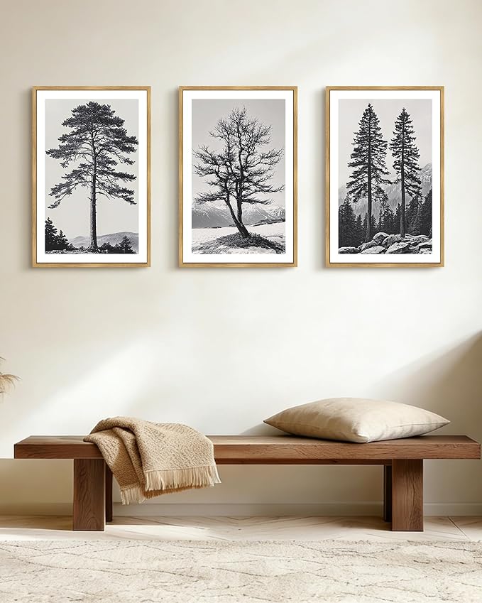 PHOPAGO Vintage Antique Tree Framed Wall Art Large 16x24in Black and White Retro Forest Wall Decor Nature Wilderness Sketch Paints Modern Decor - Natural Framed