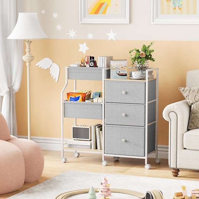 Modanais Baby Organizer and Storage - 3 Tier Rolling Cart with Dividers and Drawers, Easy To Assemble, Mobile Utility Cart with Wheels for Nursery, Bedroom, Changing Table & Crib,Light Gray