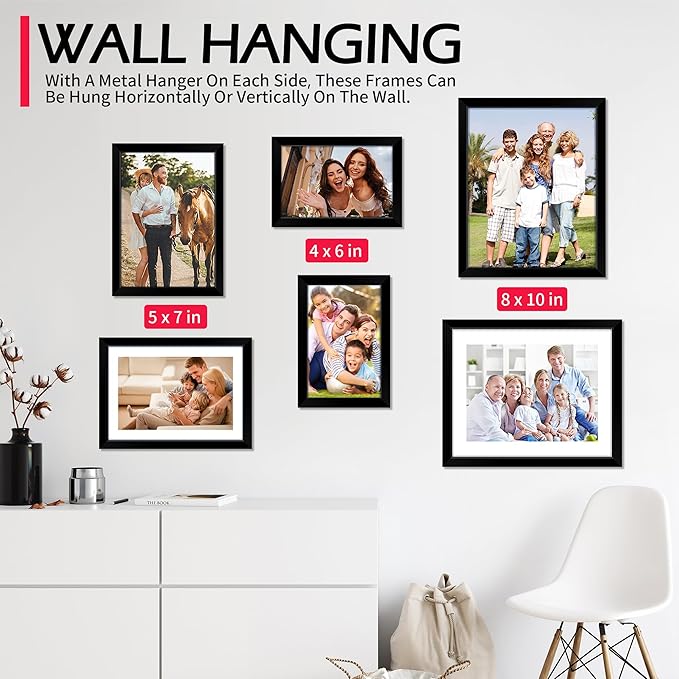 8x10 Picture Frame Set of 2, Black Photo Frame for Tabletop or Wall Display, Display Pictures 5x7 with Mat or 8x10 Without Mat, Frame Collage with HD Plexiglass for Gallery Wall Home Decor