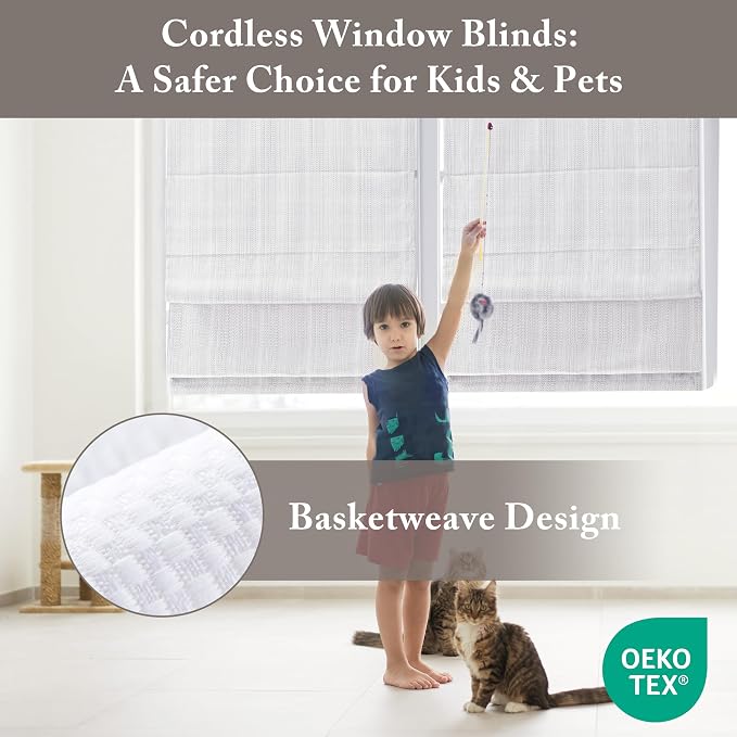 Madison Park Galen Matte White Cordless Roman Shades - Fabric Privacy Single Panel Darkening, Energy Efficient, Thermal Insulated Window Blind Treatment, for Home, Living Room Decor, 34" W x 64" H
