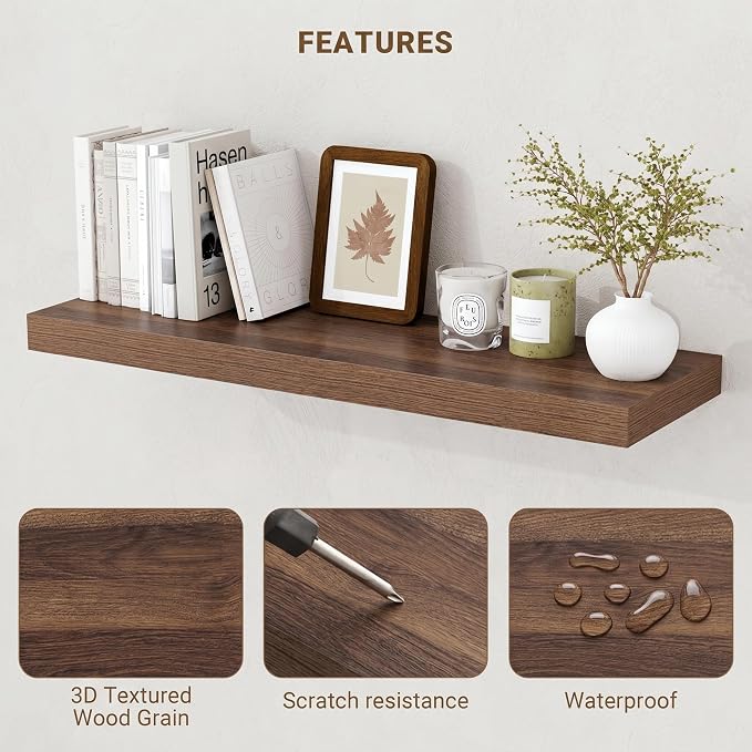 Acovy 55 Inch Floating Shelves, 55"x9.25"x1.5" Inch Deep Floating Shelves for Wall, Wooden Shelves for Bathroom, Bedroom, Living Room, Walnut,1 Piece
