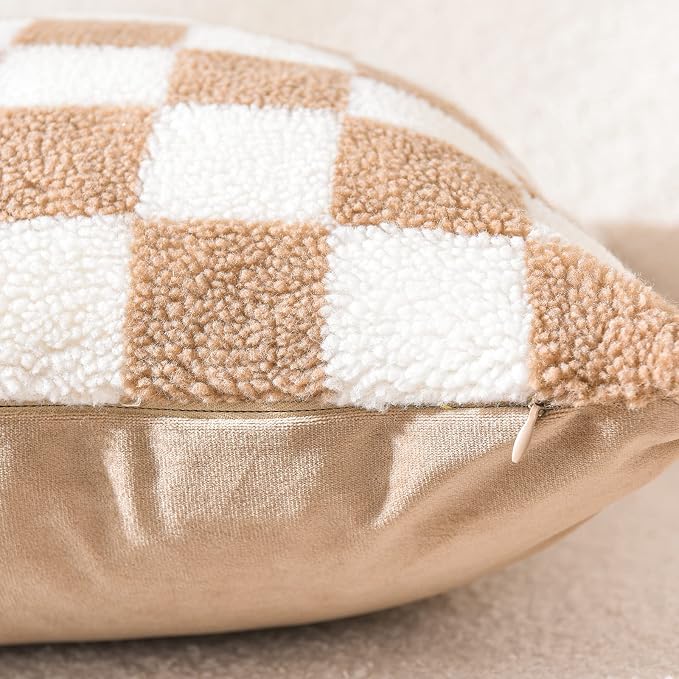 WACOMECO Decorative Throw Pillow Covers - Soft Sherpa Checkerboard Cushion Covers Faux Fur Pillow Cases for Sofa Bedroom Livingroom Car, 20 x 20 in, Khaki and Off White