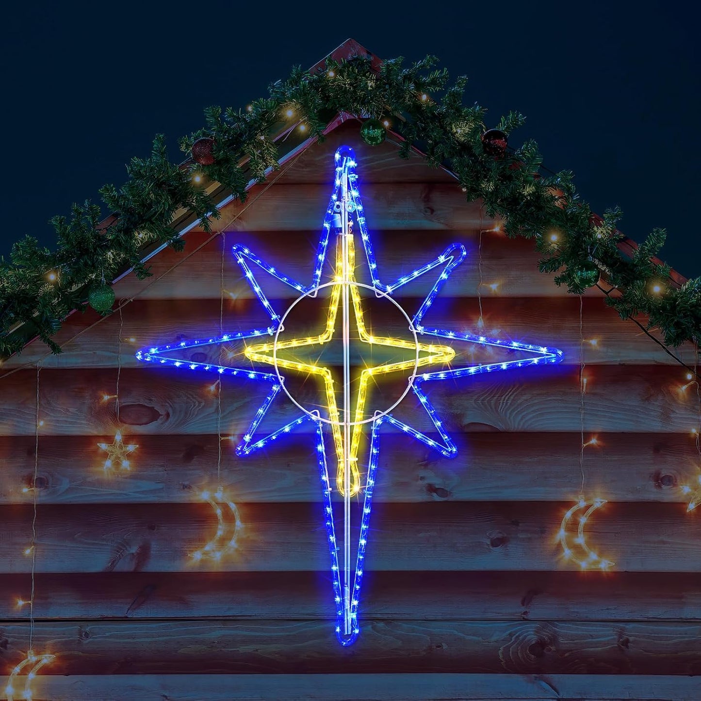 36'' Christmas Star of Bethlehem LED Star Hanging Lights Nativity Holy Family Light for Door Window Porch Wall Decoration Plug Operated Lighted Hanging Tree Topper(Blue, Warm Light)