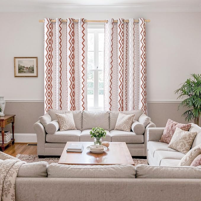 BGment Terracotta Jacquard Curtains for Living Room, Boho Tufted Pom Stripe Geometric Drapes with Grommet for Bedroom Fall Decor, 52 X 84 Inch, 2 Panels