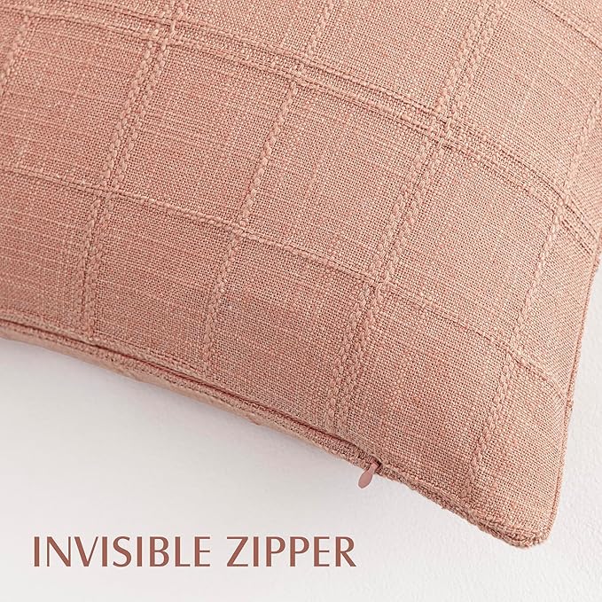 Foindtower Set of 2 Decorative Linen Check Throw Pillow Covers Neutral Farmhouse Vintage Cushion Covers Modern Boho Accent Home Decor for Sofa Chair Couch Bedroom Living Room,24×24 Inch,Coral Pink