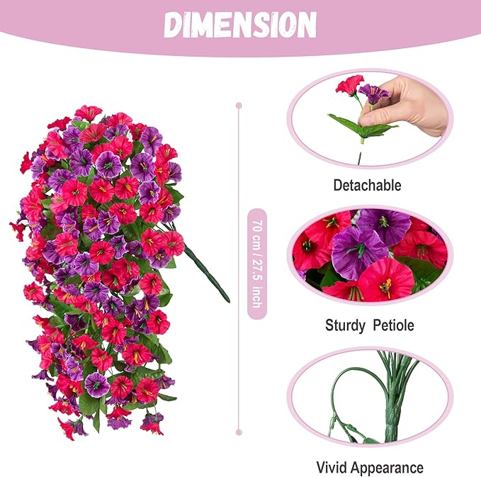 INXUGAO Artificial Fake Hanging Flowers Plants for Outdoor Spring Summer Decoration, 2PCS Faux Silk Morning Glory Long Vines Stems UV Resistant Look Real for Outside Home Porch Patio, Hot Pink Purple