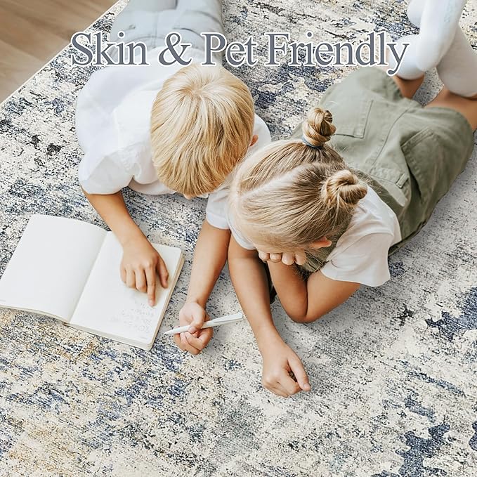 Soalmost Abstract Rug 8x10 Large Living Room Rugs Neutral Modern Washable Area Rugs for Bedroom Dining Room Non-Slip Stain Resistant Foldable Thin Rug Blue Yellow