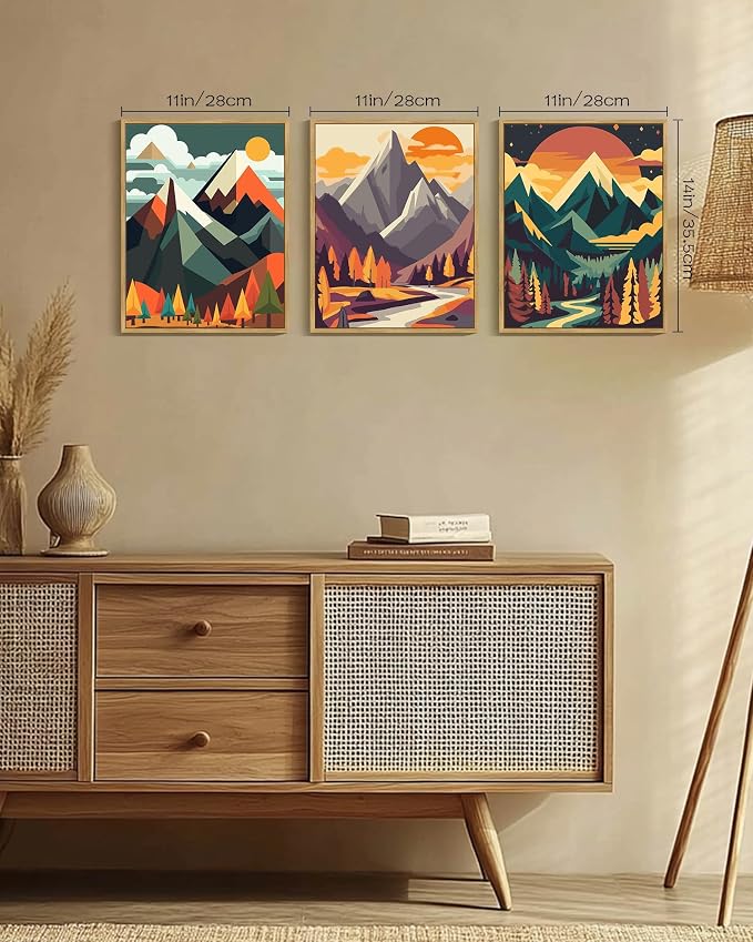 PHOPAGO Mountain Framed Wall Art Forest Wall Decor Nature Landscape Art Prints for Living Room Kitchen Decor - 11x14in Natural Framed