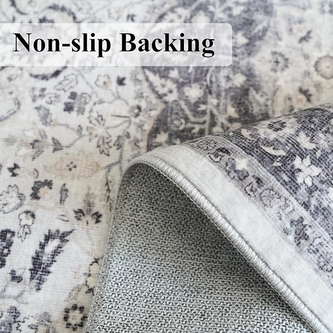 Hallway Washable Runner Rug - 2'6x14 Kitchen Rugs Entryway Rug Runner Vintage Soft Floor Mat Non Slip Indoor Farmhouse Carpet for Bathroom Living Room Bedroom (2'6''x14', Grey)