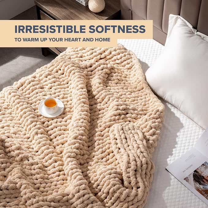 Chunky Knit Blanket Throw - 50"x60" 3.7 lbs. - Soft Chenille Yarn Knitted Blanket - Machine Washable Crochet Blanket - Handmade Cable Knit Throw Blanket for Couch, Bed (Oat White) | Handmade chunky knit throw blanket in oat white â€“ soft chenille yarn...