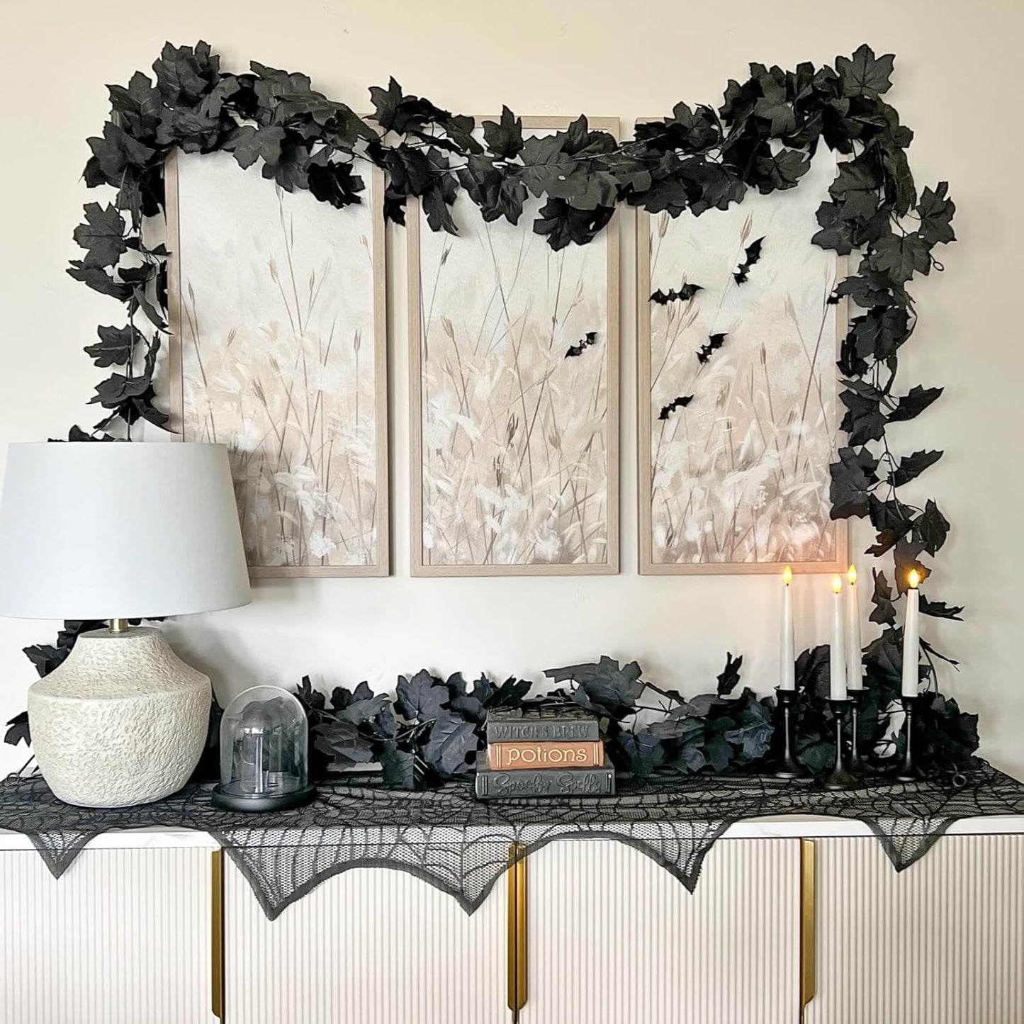 CQURE 8 Pack Black Fall Leaf Garland,Total 35.4Ft Halloween Garland Hanging Vines Artificial Fall Maple Leaves Thanksgiving Decor for Home Wedding Fireplace Christmas