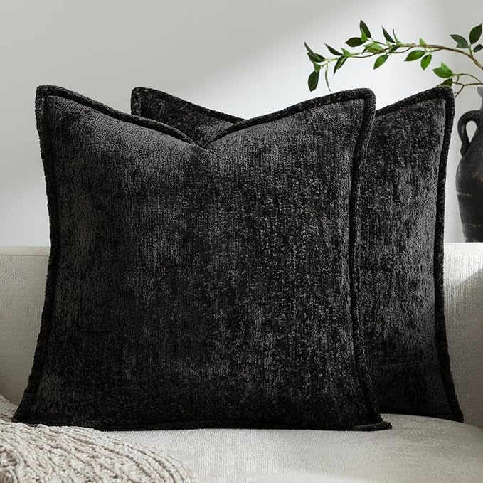 DEZENE Pack of 2 Black Decorative Throw Pillow Covers 22x22 Cozy Soft Chenille Accent Vintage Square Couch Pillow Covers for Home Decor Bed Sofa Living Room