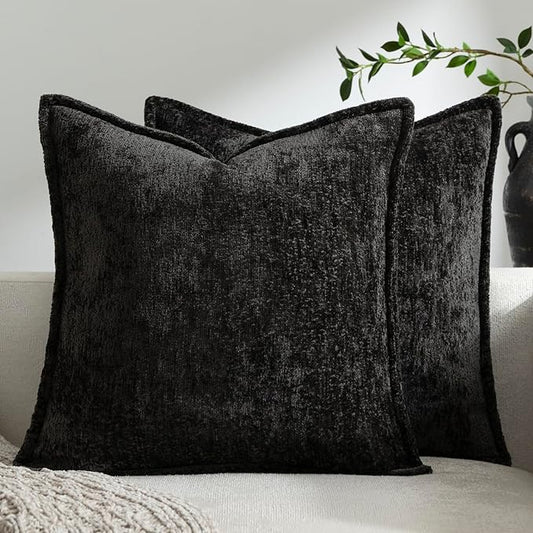DEZENE Pack of 2 Black Decorative Throw Pillow Covers 16x16 Cozy Soft Chenille Accent Vintage Square Couch Pillow Covers for Home Decor Bed Sofa Living Room