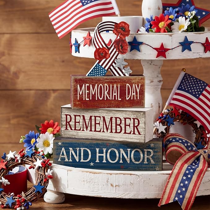 CroBlissful 4 Pcs Memorial Day Decorations Patriotic Remember Tabletop Decorations Star Ribbon Red White Blue 4th of July Table Centerpieces Sign for Office Tiered Tray Home Shelf 250th Anniversary