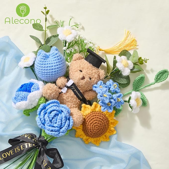 Alecono Crochet Flower Bouquet, Blue Handmade Graduation Bouquet for Class of 2026, Knitted Flowers for Friends Graduation Teacher's Day Anniversary Birthday Gifts (with Card)