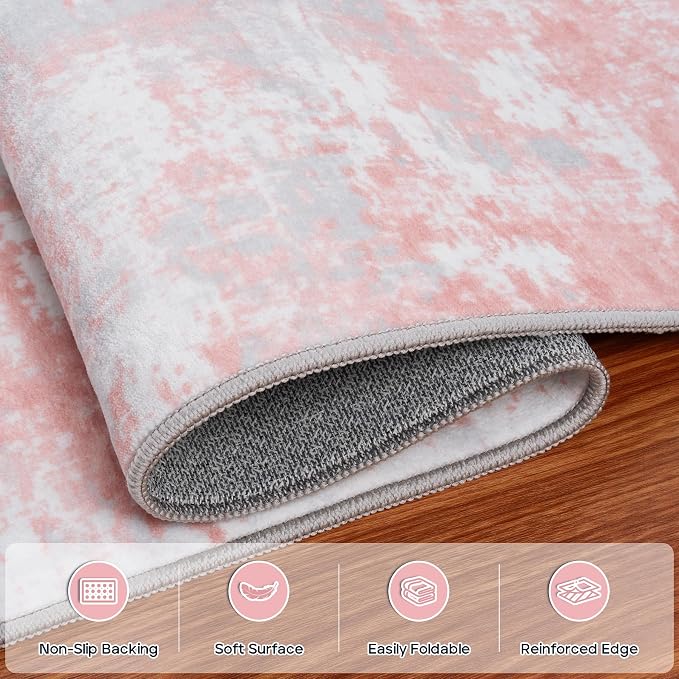 Pink Rug Carpet 6x9 Area Rugs for Bedroom Girls: Washable Modern Rug for Living Room Dining Room Non Slip Low Pile 6 by 9 Indoor Abstract Home Office