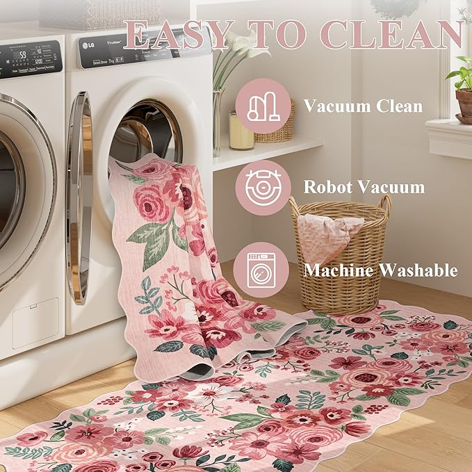 DUKINO 2x3 Entryway Rug, Floral Washable Indoor Door Mat with Non-Slip Backing, Soft Low Pile Small Front Door Throw Rugs for Entryway, Kitchen, Bedroom, Laundry, Bathroom,Pink