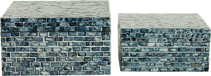 Deco 79 Wood Handmade Decorative Box Decorative Keepsake Boxes with Hinged Lid, Set of 2 Storage Boxes 10", 8"W, Blue