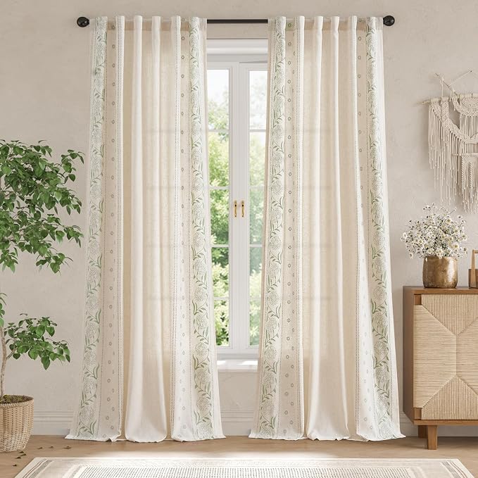 jinchan Winslow Linen Curtains for Bedroom 108 Inches Length Embroidered Bordered Floral Curtains for Living Room Farmhouse Decor Light Filtering Window Treatments Sage on Beige Drapes 2 Panels