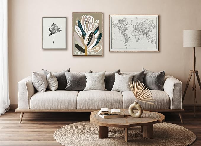 Kate and Laurel Sylvie Beaded Vintage Black and White World Map Vintage Framed Canvas Wall Art by The Creative Bunch Studio, 23x33 Gold, Modern Geographical Map Décor