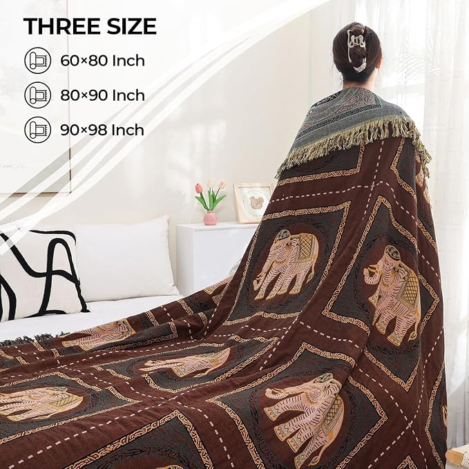 Boho Throw Blanket for Bed with Tassels,100% Cotton Ultra Soft and Cozy Large Blanket Elephant Printed Farmhouse Decor Bed Blankets,90"×98" All Season Rustic Throw for Sofa Couch Chair-Brown