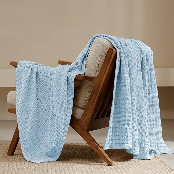 PHF 100% Cotton Waffle Throw Blanket for Couch, Lightweight Breathable and Soft for Summer, Luxury Aesthetic Waffle Weave Blanket for Home Decor & Office, Gifts for Women, 50"x60", Baby Blue