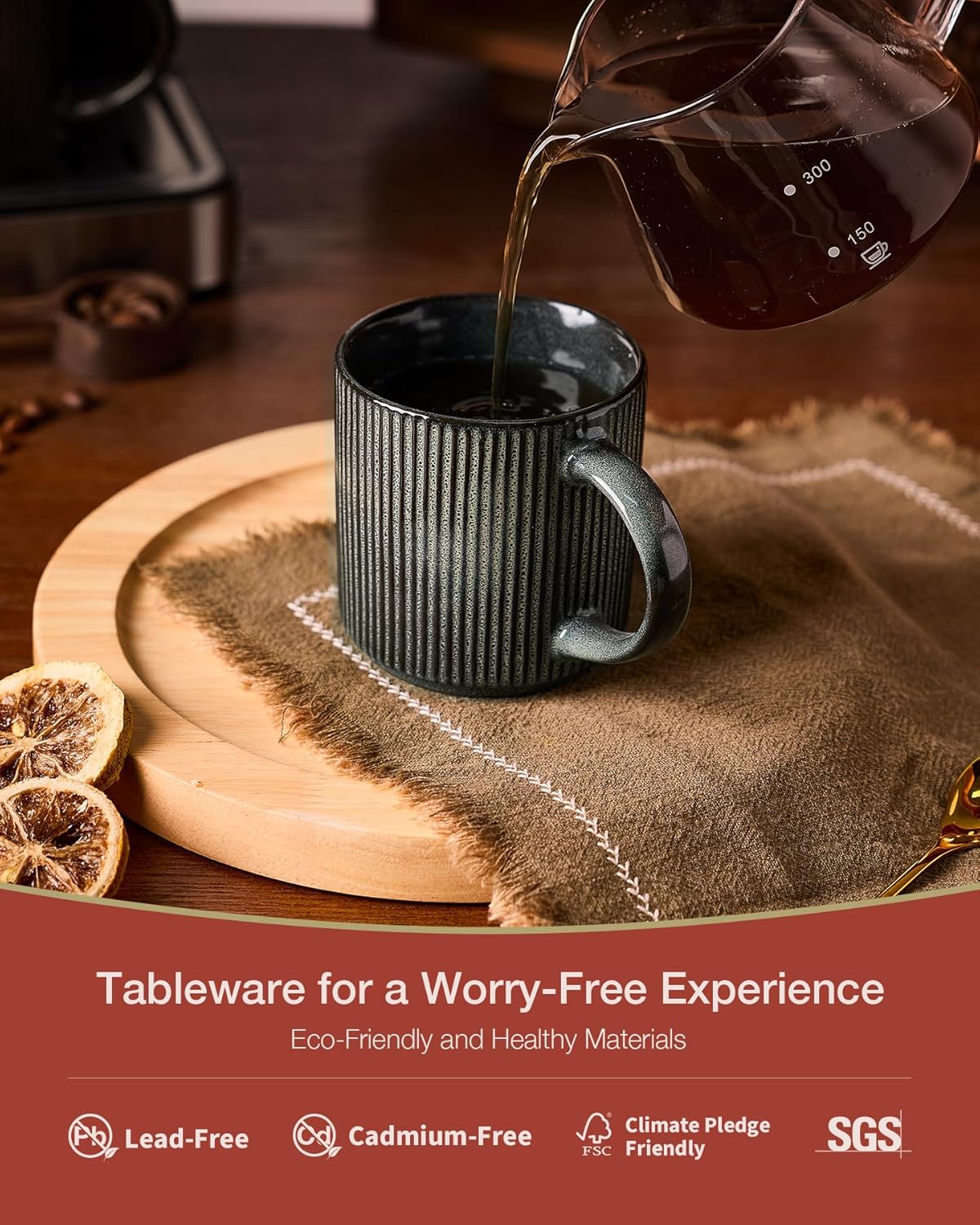 famiware Coffee Mug Set for 4, Star 12 oz Catering Mugs Cup Set with Handle for Coffee, Tea, Cocoa, Milk - Ceramic Stoneware Drinkware Set, Deep Forest