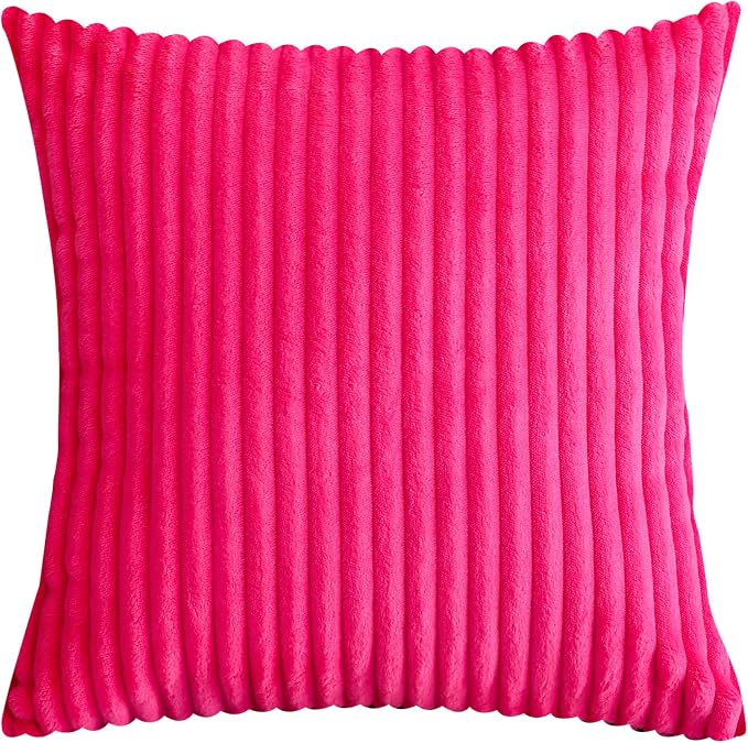TangDepot Velvet Big Corduroy Pillow Covers 24x24 Hot Pink 2-Pack | Soft wide-stripe corduroy pillow cover, hidden zipper, machine washable, easy refresh, for bedroom living room indoor outdoor