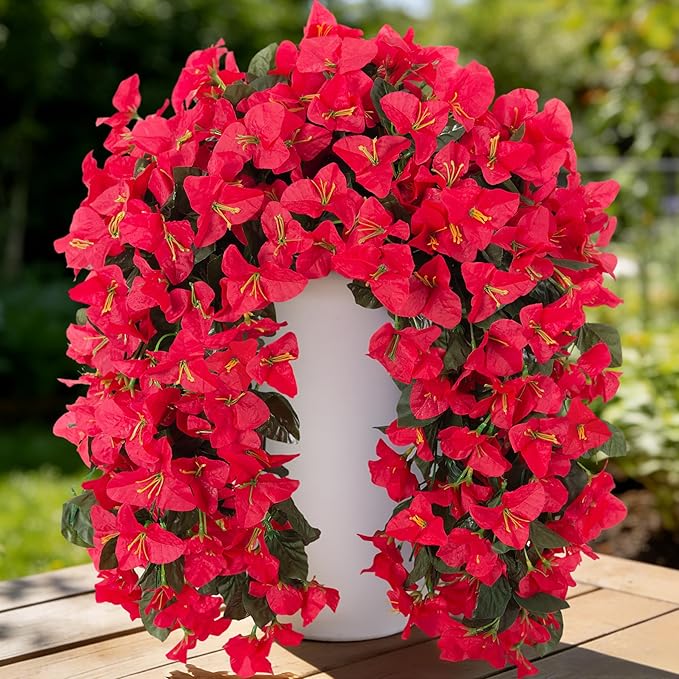 Fake Bougainvillea Artificial Flowers for Outdoors Decoration 2 pcs Faux Hanging Flowers Plants for Outdoor Planters UV Resistant Silk Bougainvillea Vines for Front Door Porch Urn Patio Garden