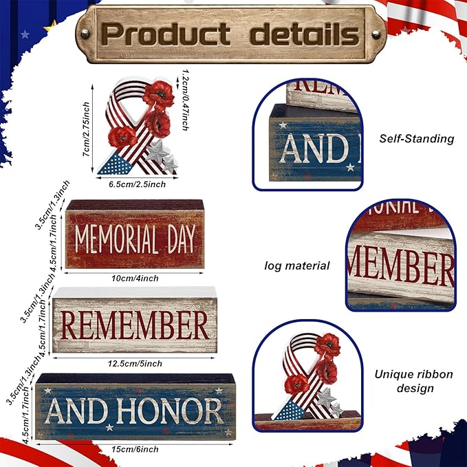 CroBlissful 4 Pcs Memorial Day Decorations Patriotic Remember Tabletop Decorations Star Ribbon Red White Blue 4th of July Table Centerpieces Sign for Office Tiered Tray Home Shelf 250th Anniversary