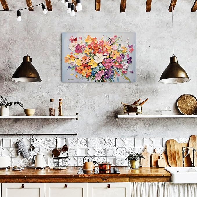 Pink Orange Flower Canvas Wall Art Girls Bedroom Wall Decor Colorful Floral Oil Painting Texture Prints Wildflower Picture Country Aesthetic Artwork Modern Bathroom Kitchen Home Decorations 20x30"