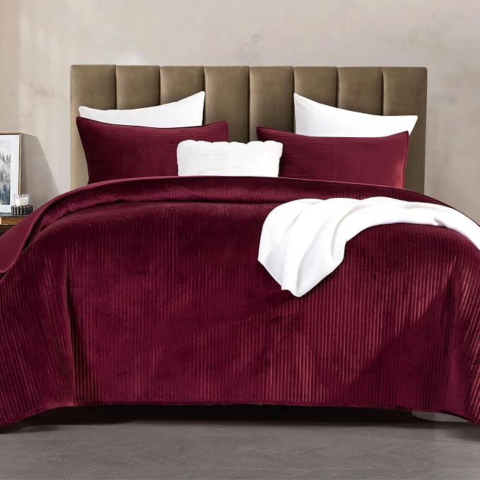Elegant Comfort Luxury 3-Piece Velvet Corduroy Stripe Quilt Set, Ultra Soft Bedspread - Cozy Velvet Coverlet Set - 3PC Medium Weight Quilted Set with Matching Pillow Shams, Queen, Burgundy