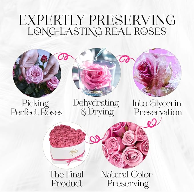 GLAMOUR BOUTIQUE Preserved Roses in a Box - Gifts for Her, Wife & Mom, Rose Flowers Forever Decor for Birthday Gift, Get Well Flower Bouquet Cased in White Box with Cover - Pink - 27 (Color-Treated)