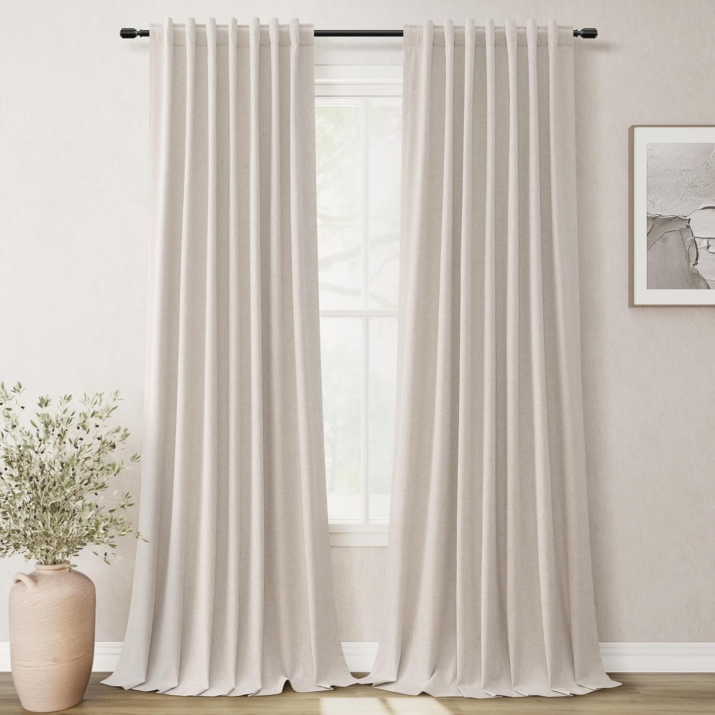 BOODII 100% Blackout Curtains for Bedroom 95 Inch Length 2 Panels Set Room Darkening Linen Curtains Sand Beige Black Out Curtain Neutral Thermal Insulated Living Room Nursery Drapes Back Tab 52x95