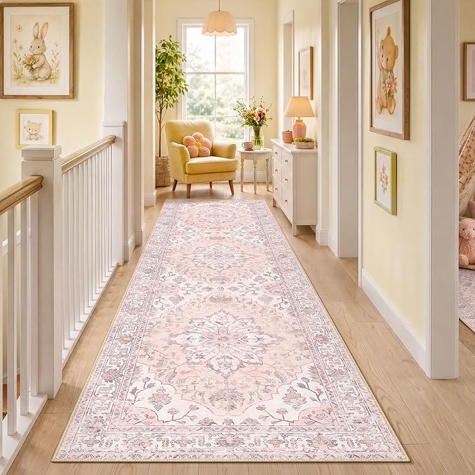 RELEANY Area Rugs Runner 3'x10' Washable Non-Slip, Floral Vintage Distress Medallion Carpet for Kitchen Hallway Bedroom Beside Laundry Room Bathroom, Pink Greypink Cute