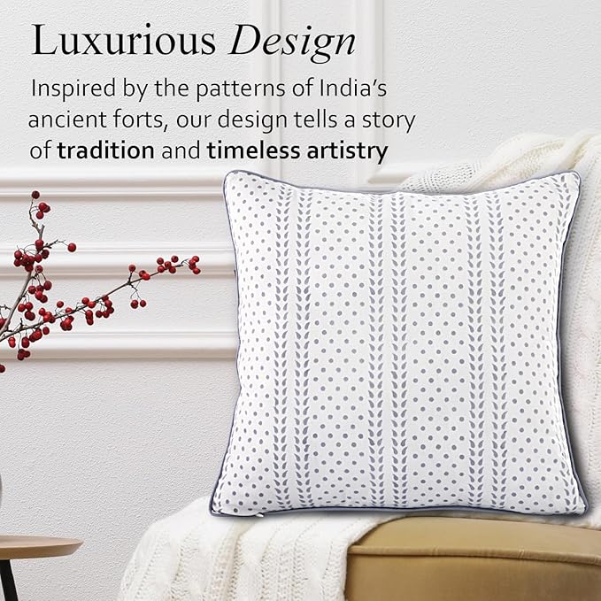 CPC 100% Cotton Throw Pillow Covers 24x24 Inch, Set of 2 Block Print Pattern Couch Pillow with Hidden Zipper, in Collabaration with Southern Source- Misty Grey Trelis