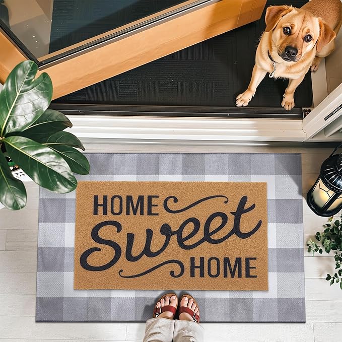 OLANLY Buffalo Plaid Rug 3' x 5' – Grey and White Cotton Checkered Doormat, Washable Indoor Outdoor Rug for Layered Front Porch, Kitchen, Entryway Decor