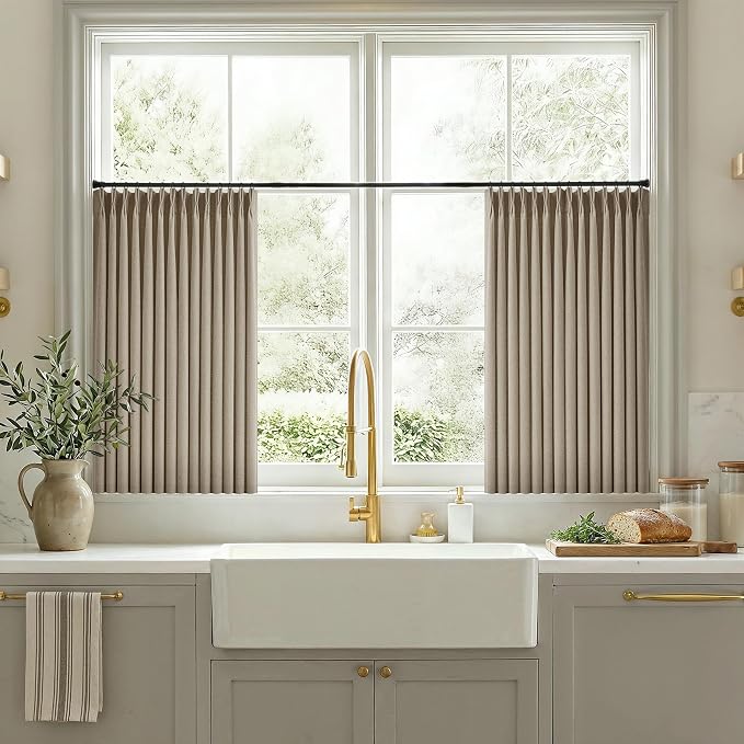 36 Inch Pleated Linen Curtains 36 Inch Length 2 Panel Set Memory Trained Pinch Pleated Privacy Semi Sheer Light Filtering Short Kitchen Window Curtain Thick Dark Flax Taupe Mini Cafe Small Drapes