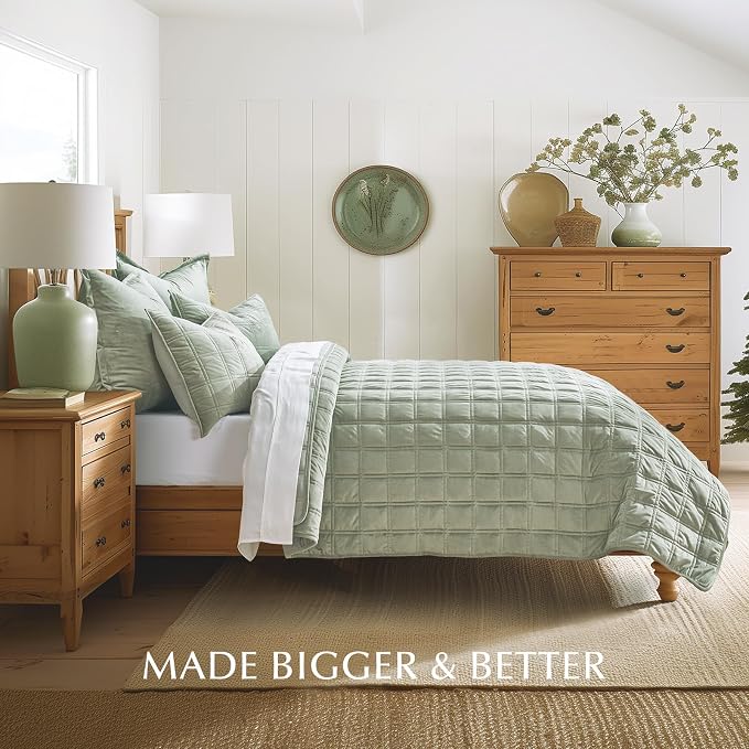 EVERGRACE 3 Pieces Luxurious Velvet Quilt King Size, Ultra Soft Bedspread Coverlet Set, Double Box Stitch Lightweight Velvet Comforter for All Season with 2 Shams, Sage Green, 108"x96"