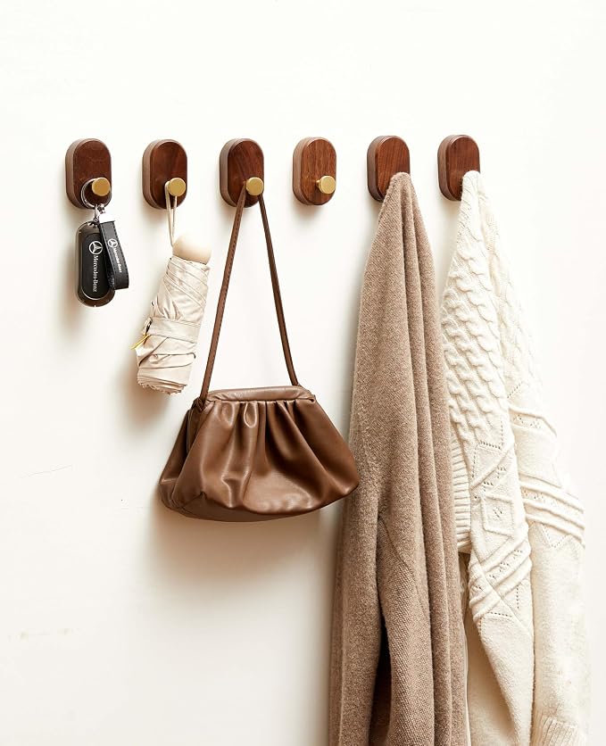 Wood Coat Hooks Wall Mount - Modern Walnut Coat Hook with Brass Accent for Hanging Clothes,Keys,Purse,Robes,Towel,Backpacks, Single Brass Wall Hooks Heavy Duty for Entryway, Closet, Bathroom (6 Pack)