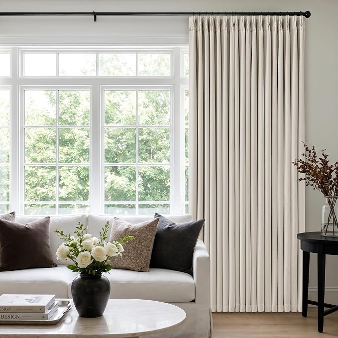 60 Inch Extra Wide 100% Blackout Curtains 96 Inches Long 1 Panel for Bedroom, Natural Memory Trained Pleated Thick Linen Thermal Noise Reducing Neutral Windows Curtain Light Blocking Drapes 60x96
